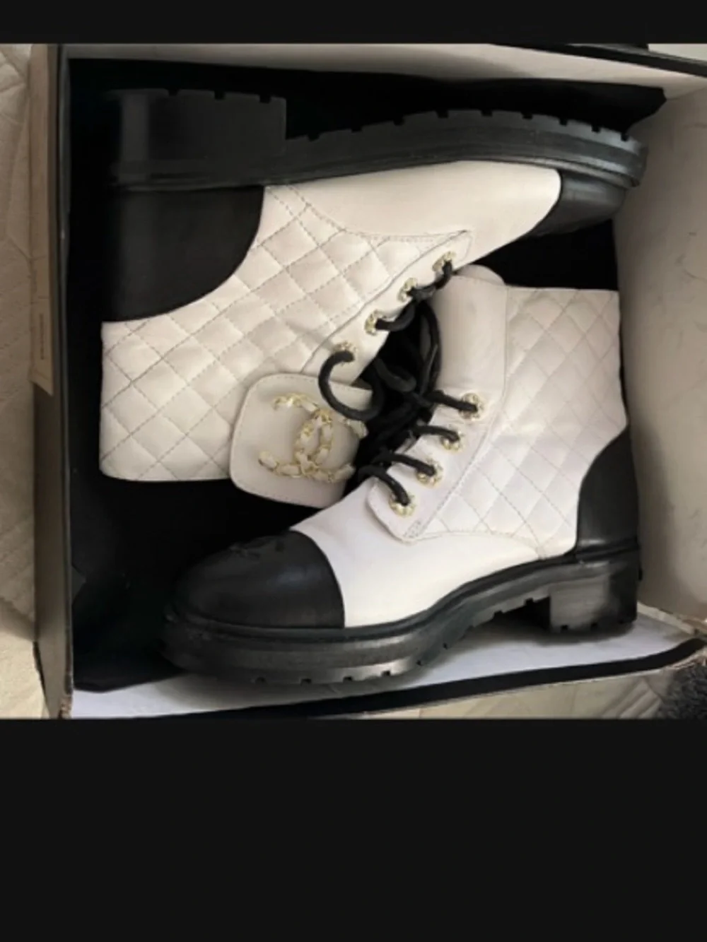 CHANEL White Quilted Lace-Up Combat Boots with Black Toe & Heel - Picture 1 of 4